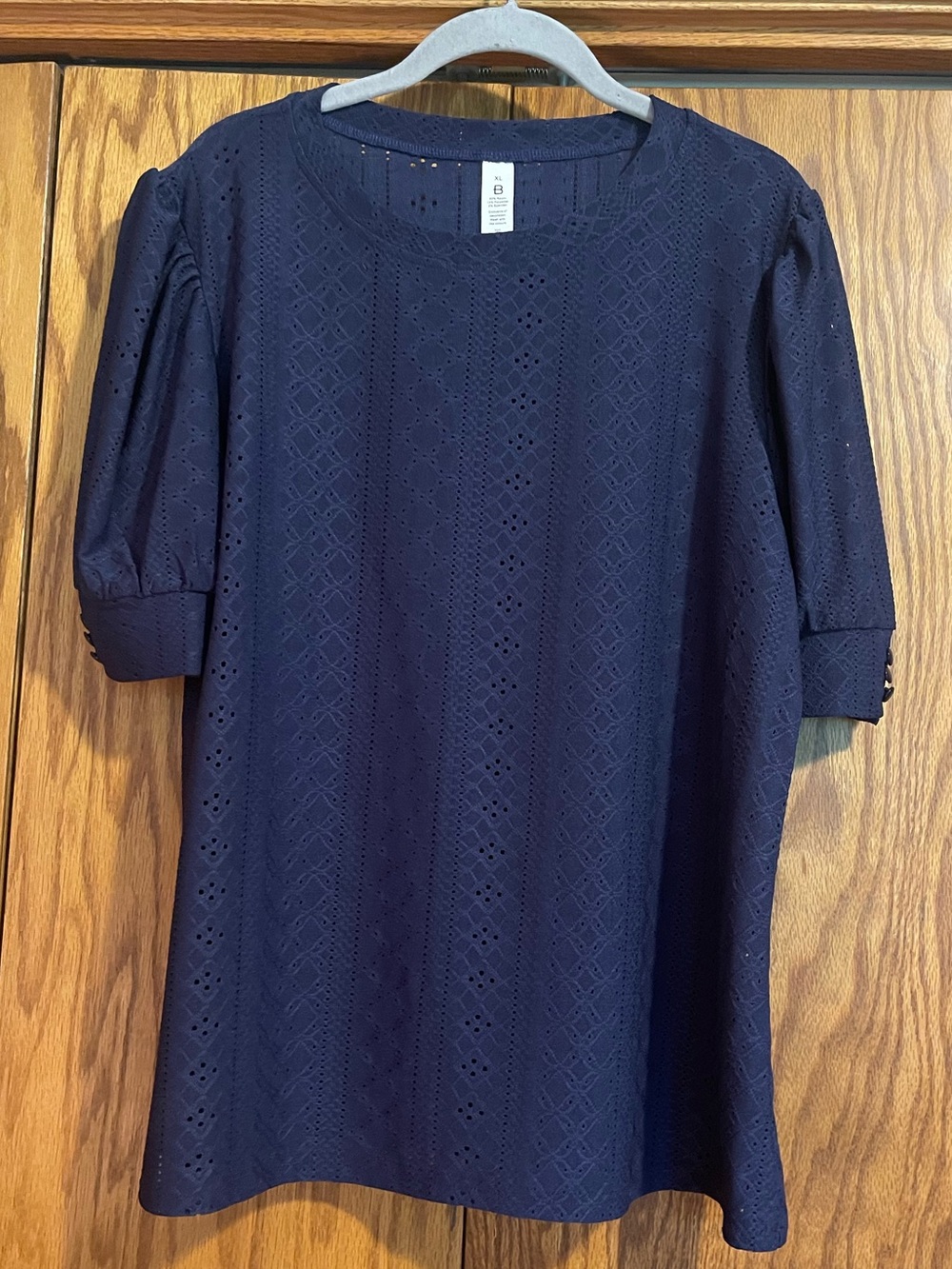 Women's Navy Eyelet Puff Sleeve Top